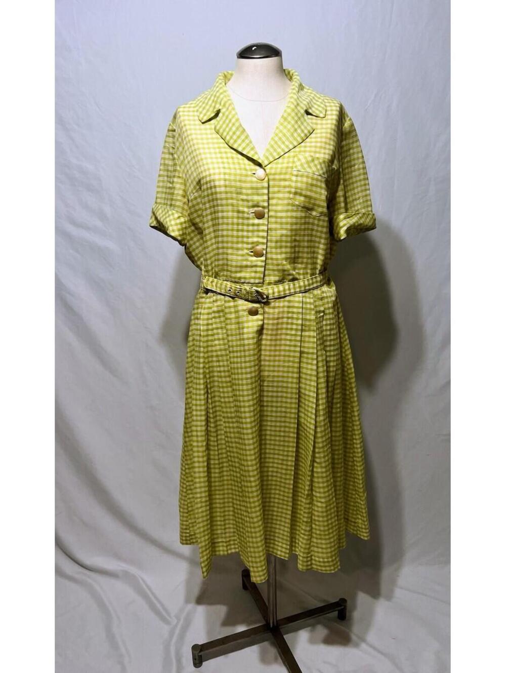 70s Women’s Handmade Belted Short Sleeve Dress Green Gingham Lightweight Vintage